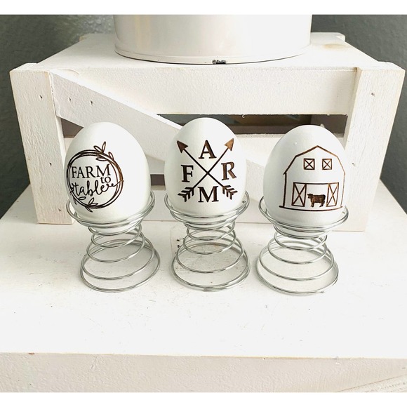 Set of 3 Farmhouse Inspired Farm Symbol Themed Wood Egg & Stand - Picture 1 of 4